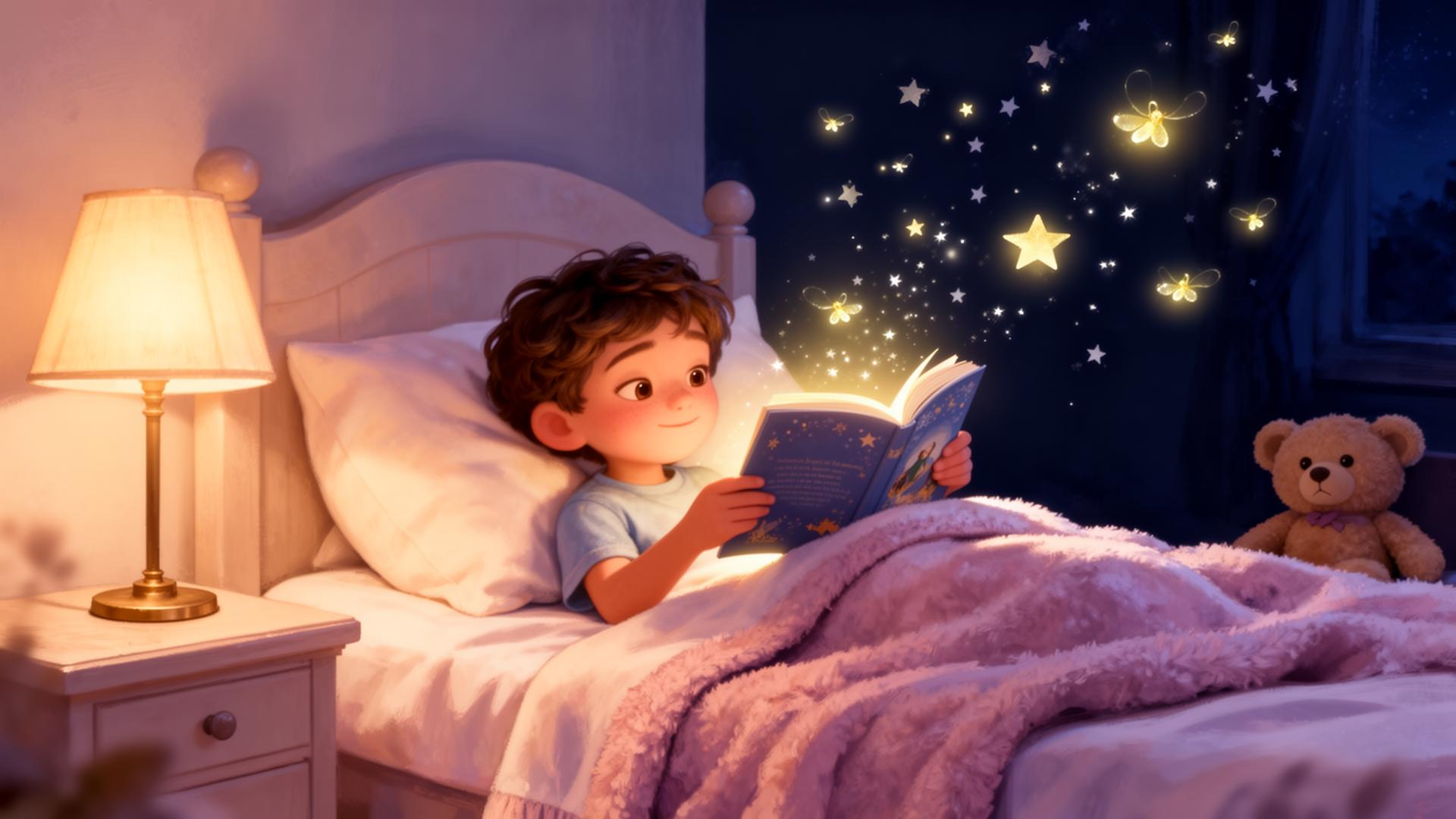 Child reading a glowing storybook in bed with fireflies