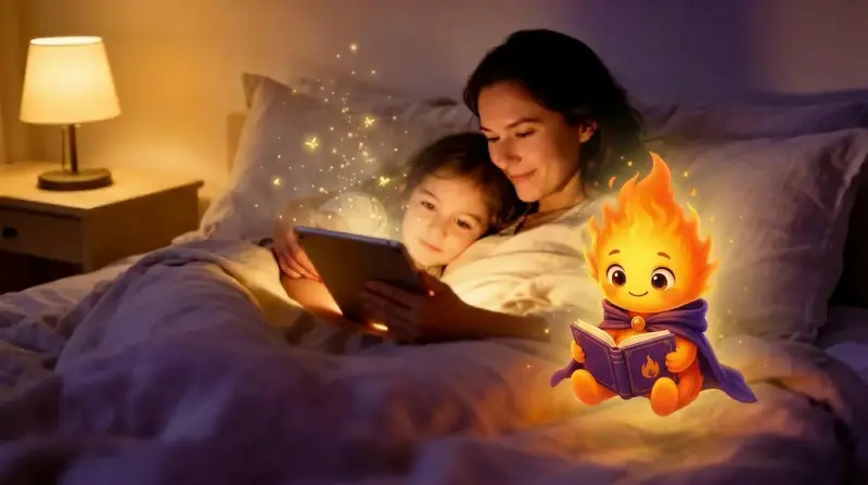 A parent and small child reading a glowing storybook while Little Ember floats softly above